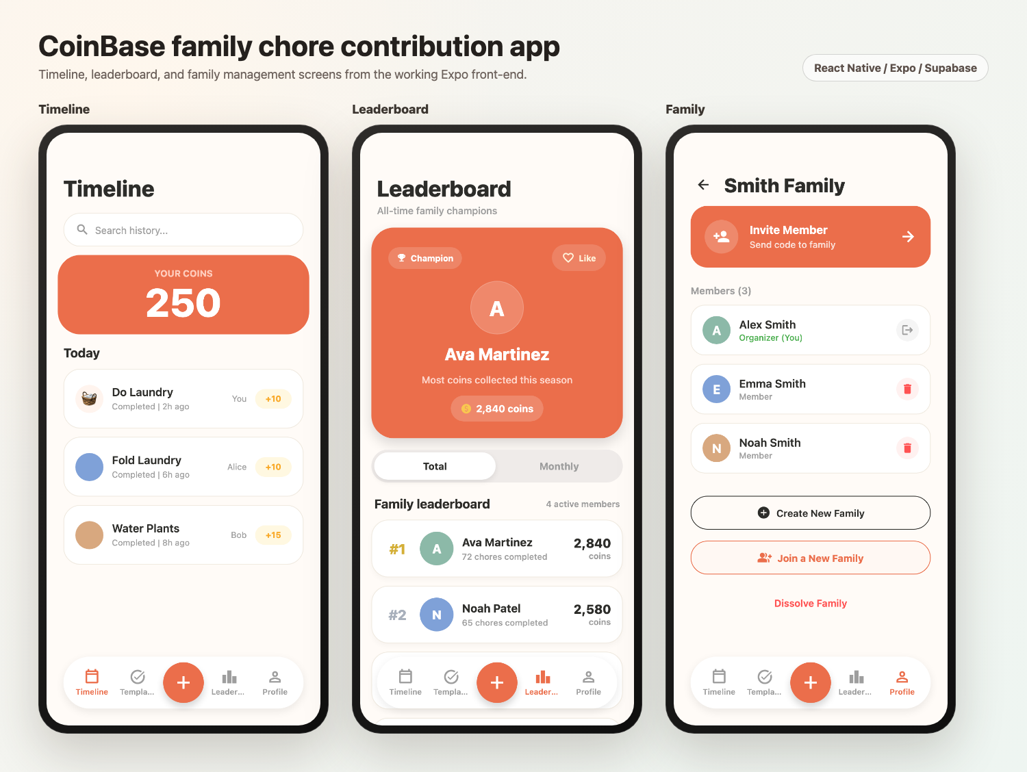 CoinBase timeline, leaderboard, and family management screens