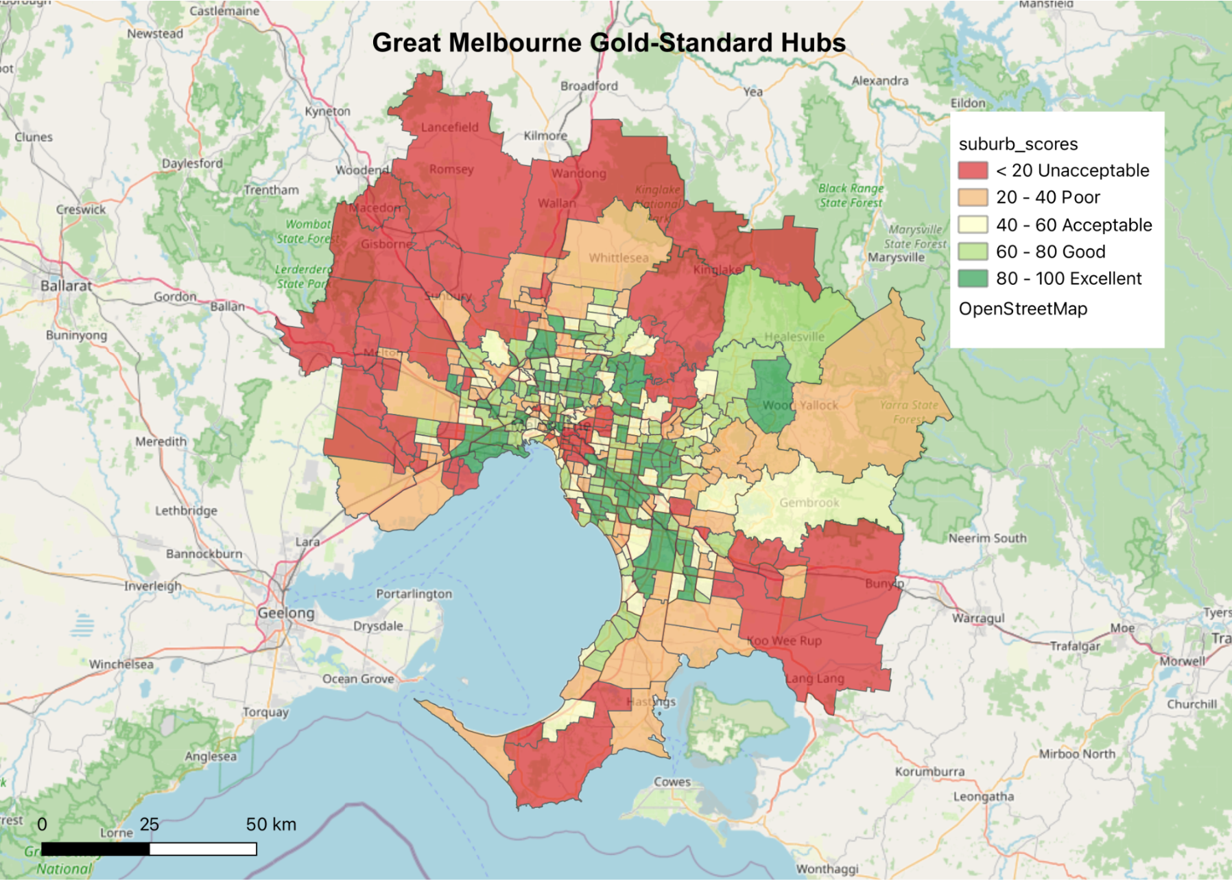 QGIS composite accessibility score map for Greater Melbourne bus commuter hubs